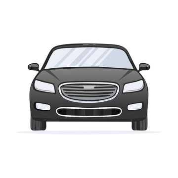 Elegant black sedan facing forward, parked on a white isolated background, highlighting sleek design, shiny paint, and modern automotive styling for transport.