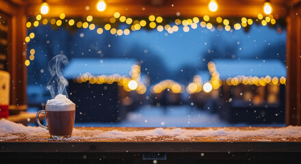Hot drink in glass mug with cream on snowy wooden surface, blurred winter scene with lights behind, evoking seasonal warmth and festive mood