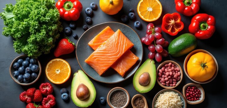 Fresh salmon fillets alongside colorful assortment of fruits berries and vegetables. Healthy food selection for balanced meal prep and nutrient rich diet.