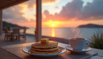 Pancakes with butter and steaming coffee served on a terrace table at sunrise or sunset over the ocean. Relaxing breakfast meal outdoors with warm sky and sea view.