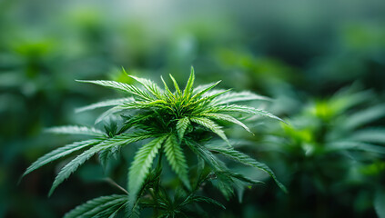 Close up of vibrant green cannabis plant with blurred foliage background