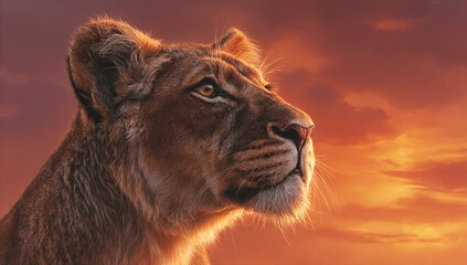 Majestic lion portrait with a fiery sunset background capturing intense gaze