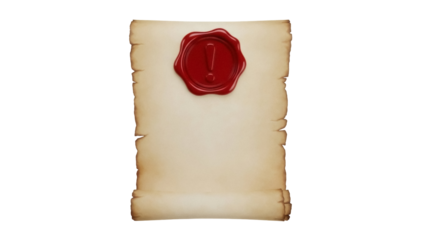 Isolated medieval aged parchment scroll with a red seal, notification, or a message
