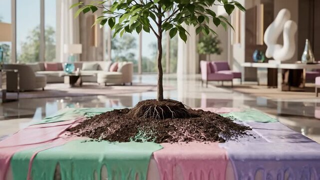A thriving sapling emerges from a mound of earth, its roots intertwined with flowing, pastel-colored fabrics, creating a striking contrast in an elegantly designed indoor space