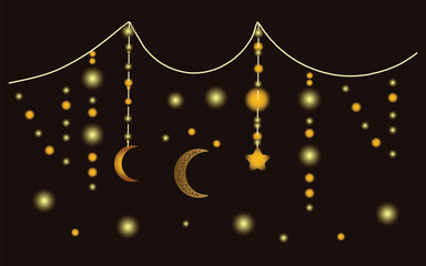Golden Ramadan Kareem and Eid Mubarak background with hanging lanterns, crescent moon and glowing mosque silhouette at night