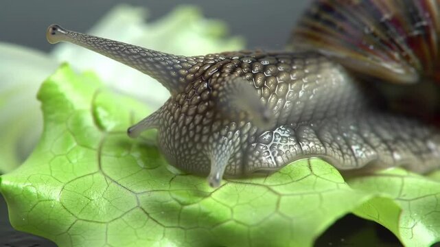 Snail crawling on lettuce leaf, close-up shot. Natural food concept, nature imagery, wallpaper