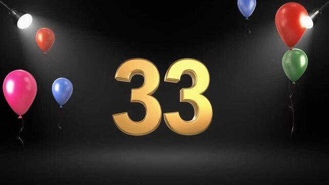 Number 33 in the spotlights with balloons in the background. Festive scene for birthday or anniversary party