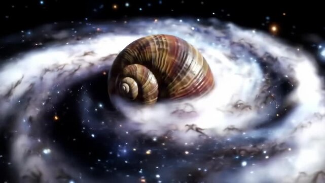 Snail shell floats in space, stars and nebula in background, suitable for surreal fantasy art