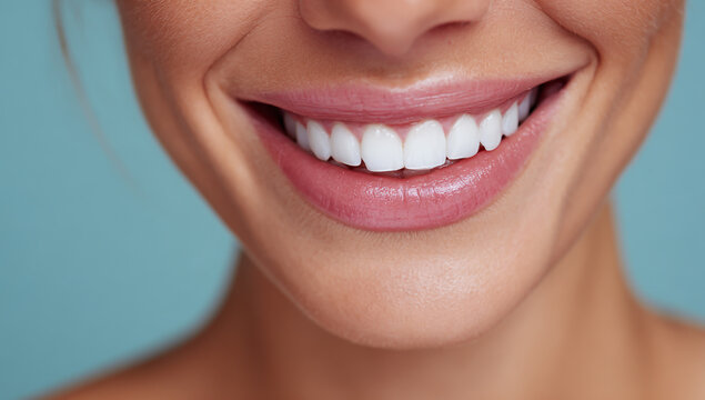 A close up shot showcasing a radiant healthy smile with perfectly white teeth