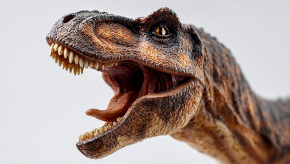 Detailed close up of a tyrannosaurus rex showing its fearsome teeth and open mouth