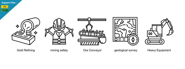 Modern gold mining processes are shown with icons for gold refining, mining safety, ore conveyor, geological survey, and heavy equipment. Outline icons set