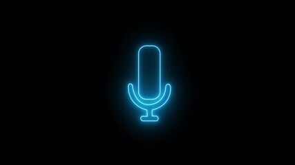 Blue neon microphone icon glowing isolated on black background. Abstract illuminated outline of a studio mic for podcasting and broadcasting.