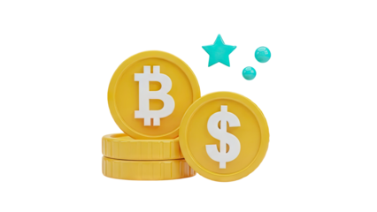 3D Bitcoin and Dollar Coins with Stars and Bubbles on transparent background