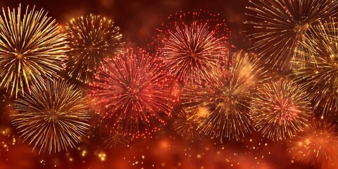 A vibrant display of red and gold fireworks illuminates the night sky, creating a dazzling light show against a dark red background.