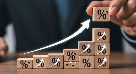 Hand placing wooden blocks with percentage symbols and upward arrows on a table