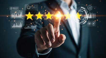 Person in suit touching five yellow stars with finger on digital interface with graphs and charts