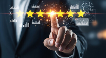 Person in suit selecting a fifth star in a row of five stars with a finger while surrounded by digital graphs and charts