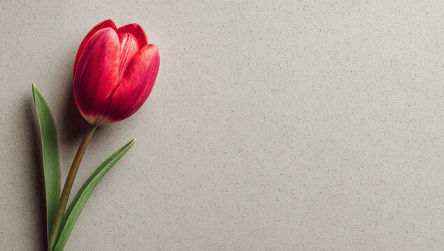 A single red tulip flower isolated on a neutral beige background