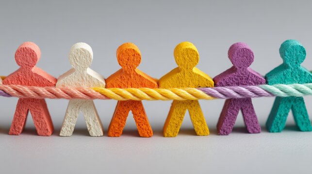Colorful wooden stick figures pulling a braided rope, symbolizing unity and partnership