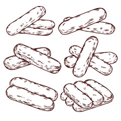 Set of hand drawn Ladyfinger biscuit  outline drawing illustration