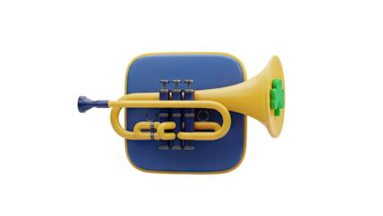 3D Cartoon Trumpet with Shamrock Accent on transparent background
