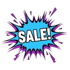 Obraz premium Vibrant comic style 'SALE!' explosion graphic with purple spikes for promotions and advertising.
