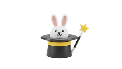 3D Cute 3D rabbit in a magic hat with a star wand on transparent background