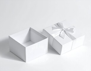 Naklejka premium A pristine white gift box, its lid adorned with a graceful satin bow, sits open beside its empty base. Clean studio backdrop