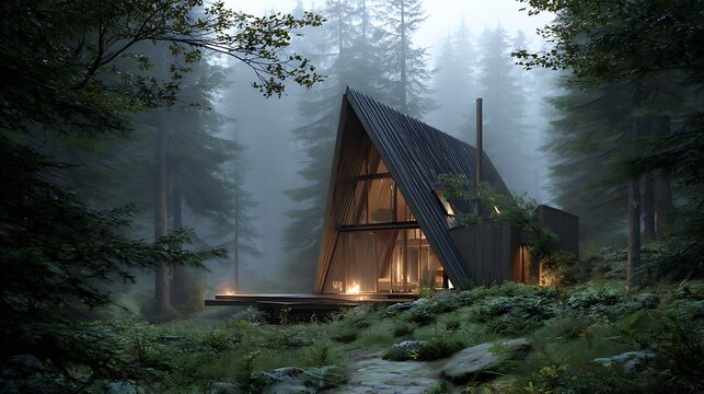 Forest cabin with renewable-energy design, misty trees