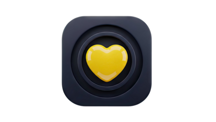 3D Yellow heart icon in dark rounded square on transparent background
