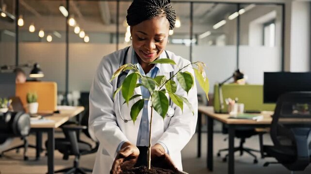 Doctor nurturing a small plant in office, symbolizing growth and healthcare
