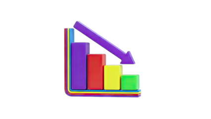 3D Falling down arrow over colorful bar chart graphic on transparent background
