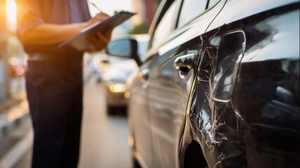 Car Accident Damage Inspection with Insurance Assessment at Golden Hour