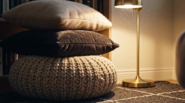 Cozy Home Ambiance: Elegant Pillows and Lamp Creating a Relaxing and Warm Atmosphere