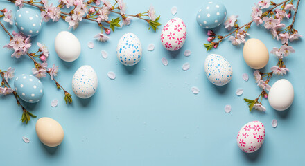 Easter eggs and cherry blossom branches on blue background, spring holiday flat lay with copy space.