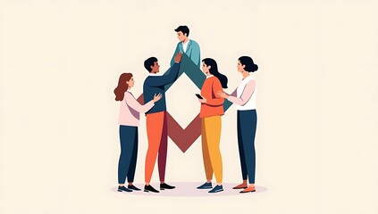 Conceptual editorial illustration of diverse professionals forming a unified abstract shape, representing inclusion, equality, and teamwork in modern workplaces, clean flat vector style, harmonious co