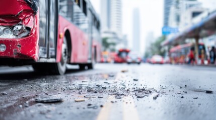City Bus Accident on Wet Street with Traffic Disruption at Dusk