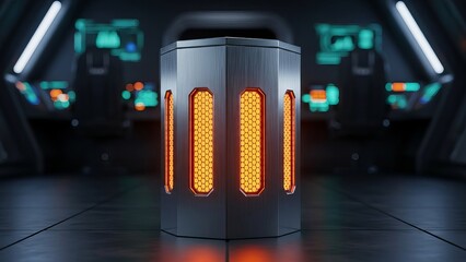 Futuristic glowing cube in dark sci-fi room with neon lights