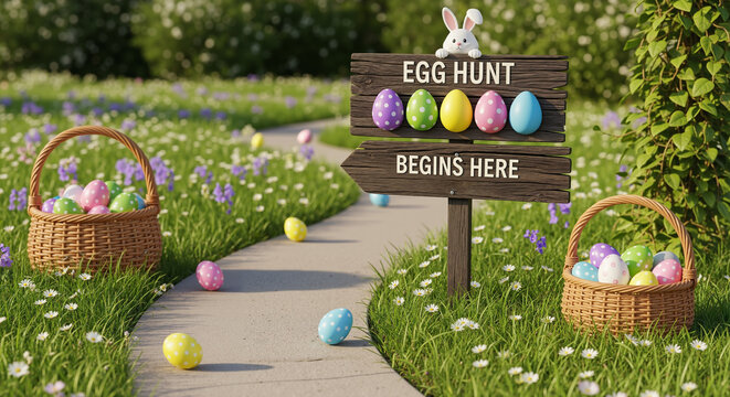 Easter egg hunt sign in a sunny spring garden with colorful eggs in baskets along a winding park path.