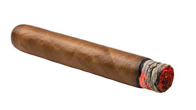 Luxury premium cigar with burning glowing tip, isolated background