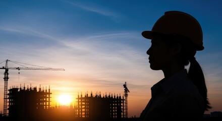 Silhouette of construction worker at sunset with building cranes