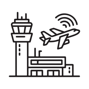 Airport control tower with airplane taking off simple line art illustration