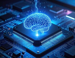 Futuristic digital brain glows atop a computer chip, representing AI and advanced technology