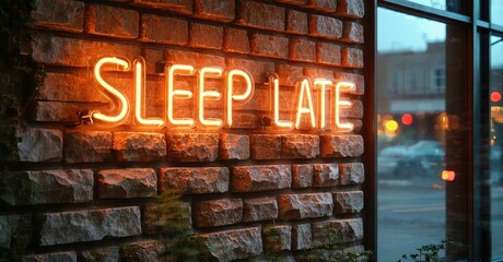 Brick wall displays vibrant neon sign reading Sleep Late. Warm glow contrasts cool window reflections, creating inviting scene.