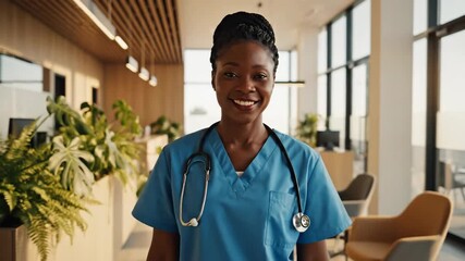 Portrait of a confident and smiling female nurse wearing blue scrubs and a stethoscope, standing in a modern healthcare facility