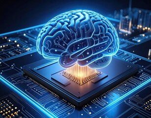 Neon blue human brain glowing atop an electronic circuit board with a golden core