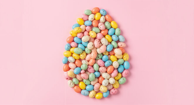 Easter egg shape made of colorful pastel jelly beans on a pink background, top view flat lay.