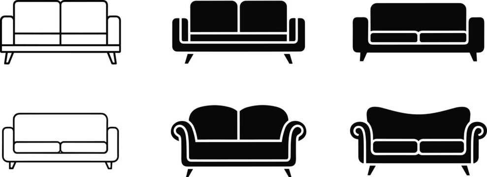 A selection of six different sofa and couch icons in black and white silhouette and outline styles
