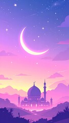 Minimal Ramadan illustration with crescent moon and stars in a modern flat style. Clean and elegant background for apps, websites, and digital advertising.
