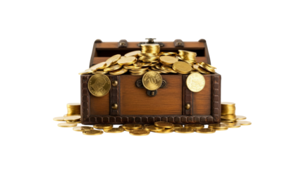 Wooden chest with gold coins treasure